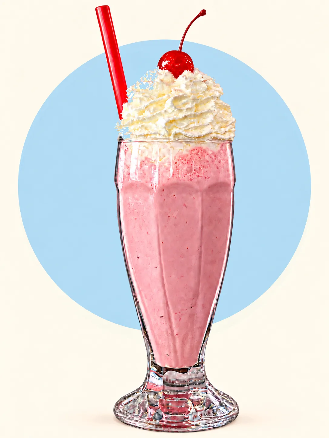 Milkshake ve vysoké sklenici se šlehačkou, třešní a červeným brčkem